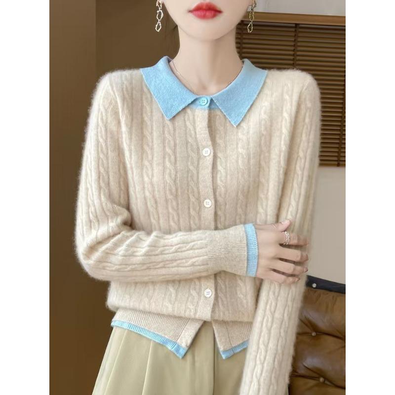 POLO воротник небольшой поворот короткий цветной блок вязаный кардиган женский пуловер свитер рубашка низ куртка 2XL бежевыйсиний 3728₽