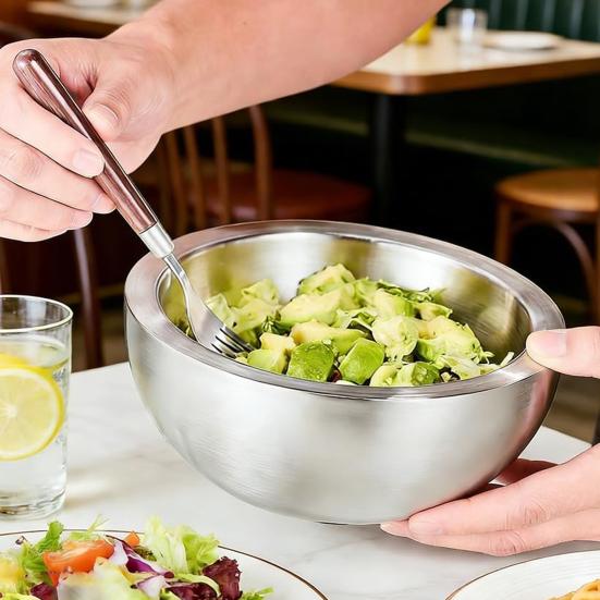 Saladekom 304 Roestvrij Staal Dubbelwandige Geïsoleerde Serveerschaal met Antislip Bodem Hete Koude Gerechten Buffet Serveerschaal