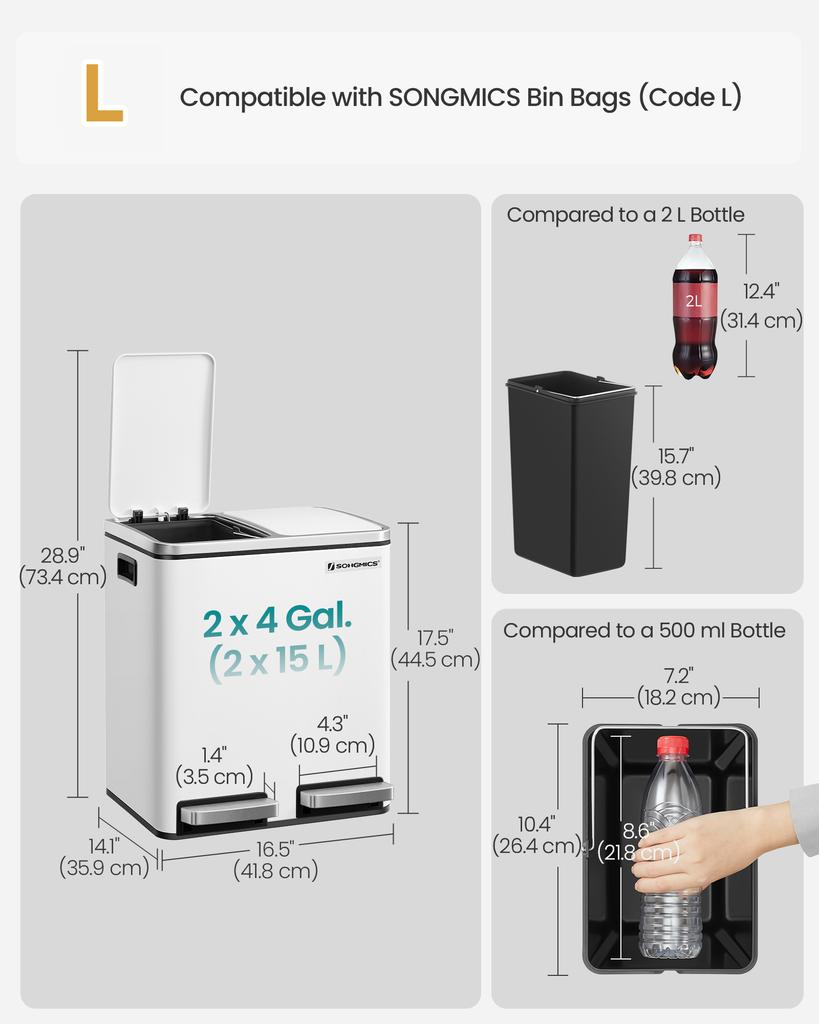 SONGMICS Kitchen Bin, 2 x 4 Gallon (2 x 15 L) Double Pedal Bin for Recycling and Waste, 15 Liners Included, Inner Buckets, Soft Close for Small Spaces