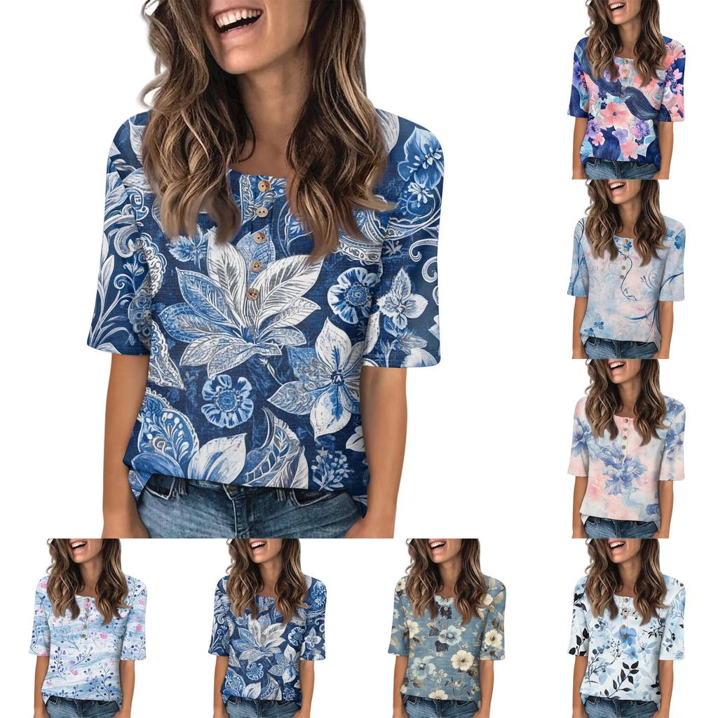 Dame Mote Trykket Rund Hals Knapp Halv Erm Løs Topp