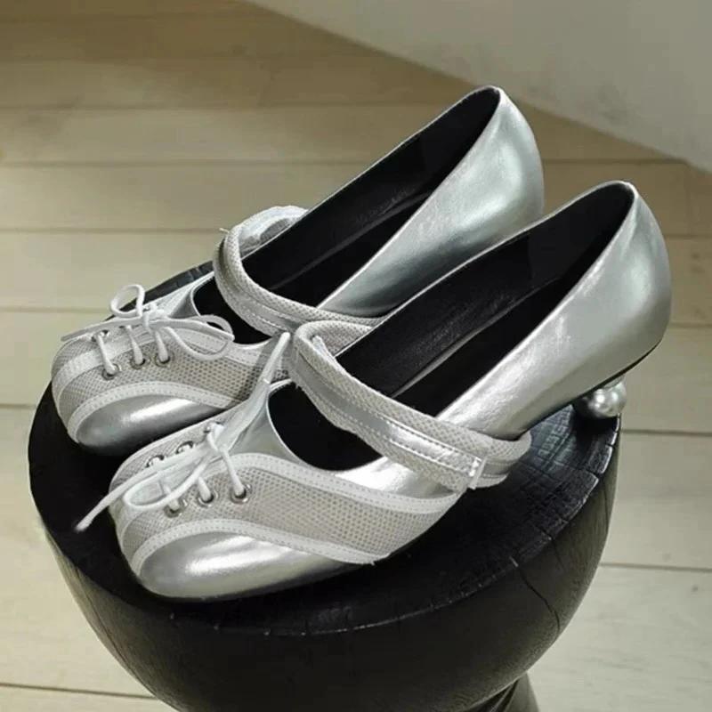 Fashion Designer Luxury High Heeled Ballet Shoes Woman Casual Loafers Square Toe Strange Style Cross Strap Shallow Silver Mary Jane Shoe