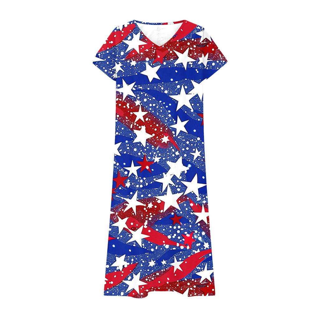 Women’s Short Sleeve V Neck Maxi Dress with Star Print Loose Fit Casual Summer Long Dress for Daily Wear