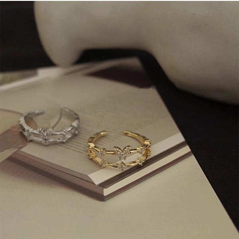 Chao Xiaobai 925 Sterling Silber Schmetterlingsring mit Zirkonia - Offenes doppellagiges geometrisches Design für Damen