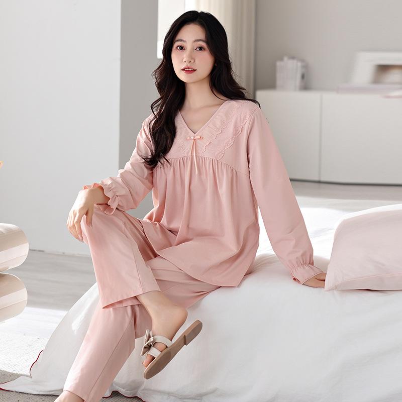 Women'S Pajamas With Chest Pads, Spring And Autumn Cotton Long-Sleeved Suits Can Be Worn Outside Pullover Loungewear