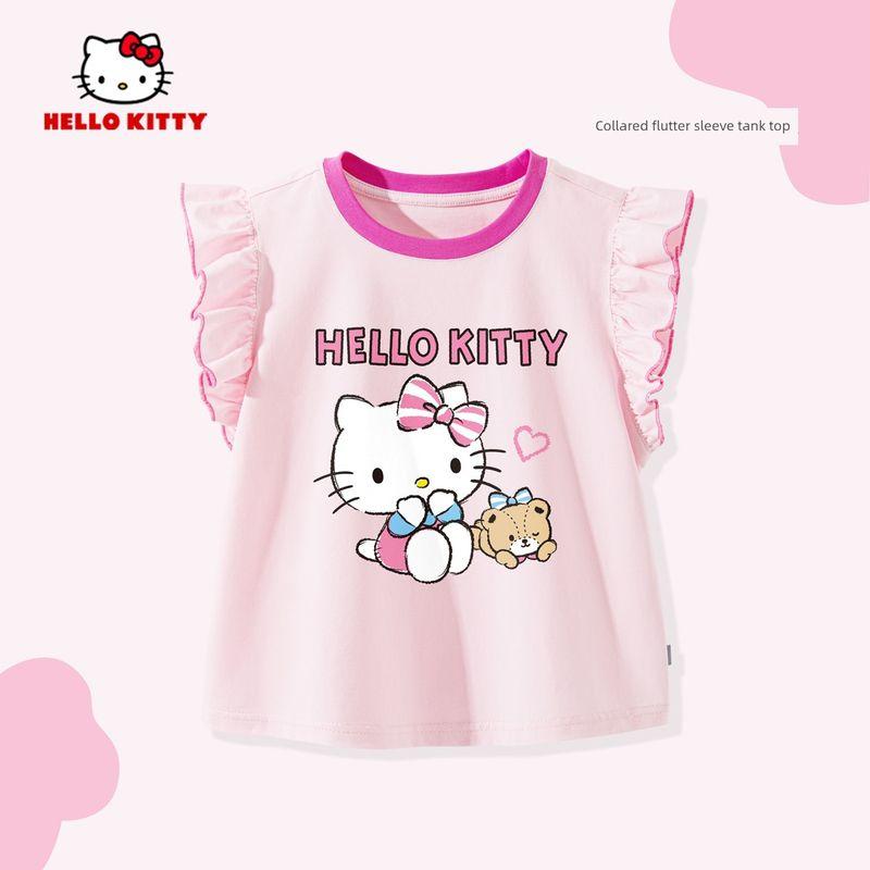 My Melody Girls' Flutter Sleeve T-Shirt Summer 2026 New Pink Children's Round Neck Top Cute Baby Girl Vest