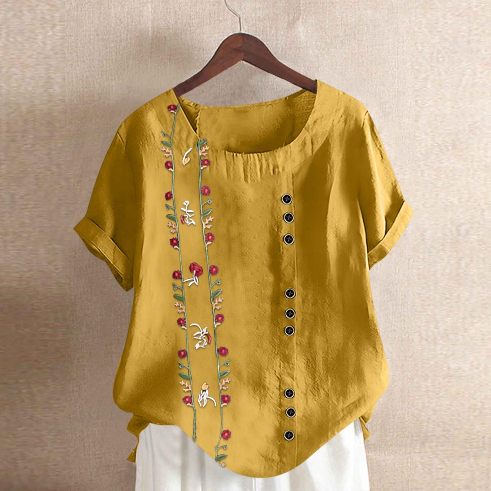 

Женская модная повседневная рубашка в стиле ретро из хлопка и льна с вышивкой, свободная, с коротким рукавом XL жёлтый