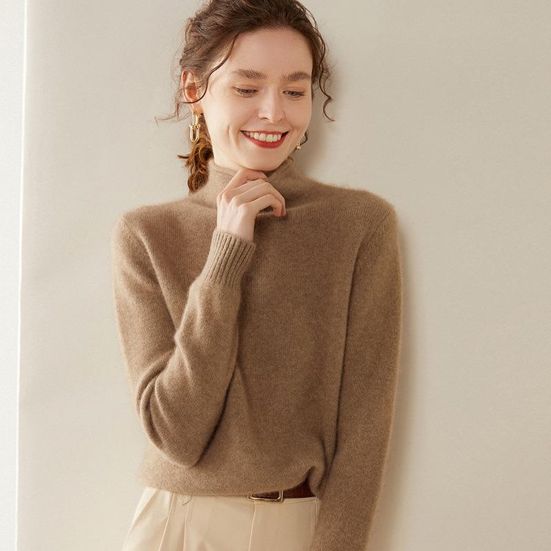Women's Cloud-Like Cashmere Pullover Sweater - Rolled Hem, Thick, Double-Strand Knit, Half-High Neck
