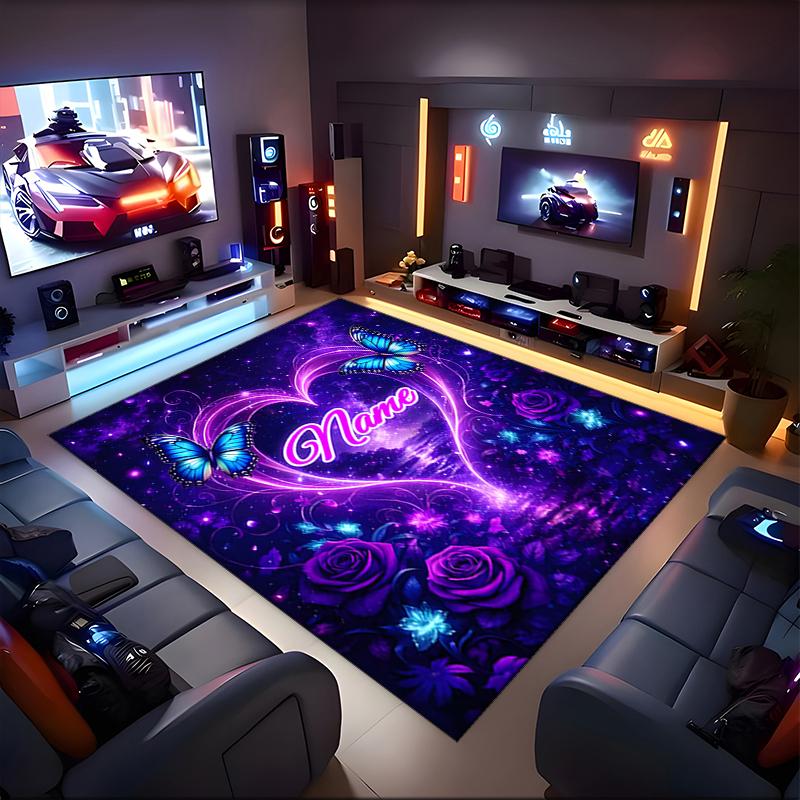 1PC Custom Name Butterflies Heart Theme Floor Mat Ideal for Living Room, Game Rooms, Office, Bedroom,Floor Mat Playful Design