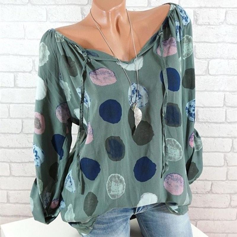 Elegant Women Summer Fashion Long Sleeve Blouse V-neck Stylish Dot Printed Shirts Tops