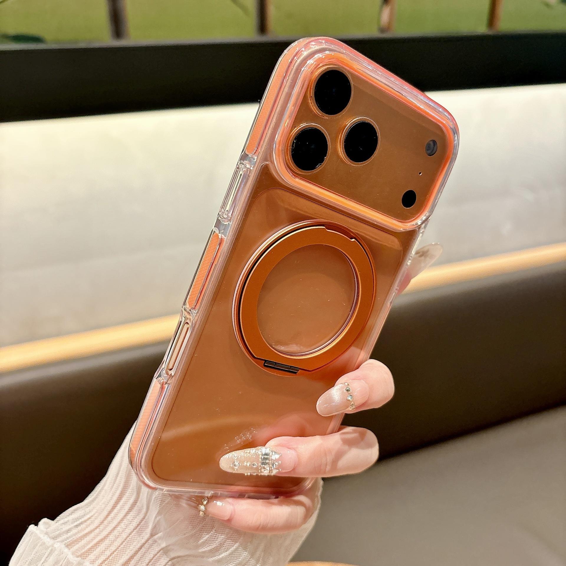 Подходит для IPhone17pro Ледяной Кристалл Магнитный Чехол для Мобильного Телефона 360 Вращающаяся Подставка Apple 16 Двухцветный Прозрачный Защитный от Падений Чехол iPhone 17pro оранжевый