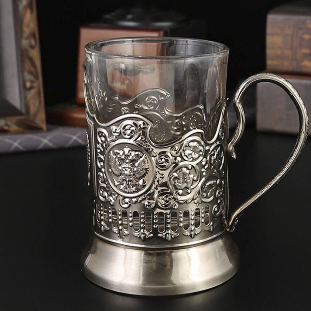 Russisches Teeglas mit Metallhalter Traditionelles Kristallklares Dekoratives Glas Teetasse für Heiße Kalte Getränke Q0083