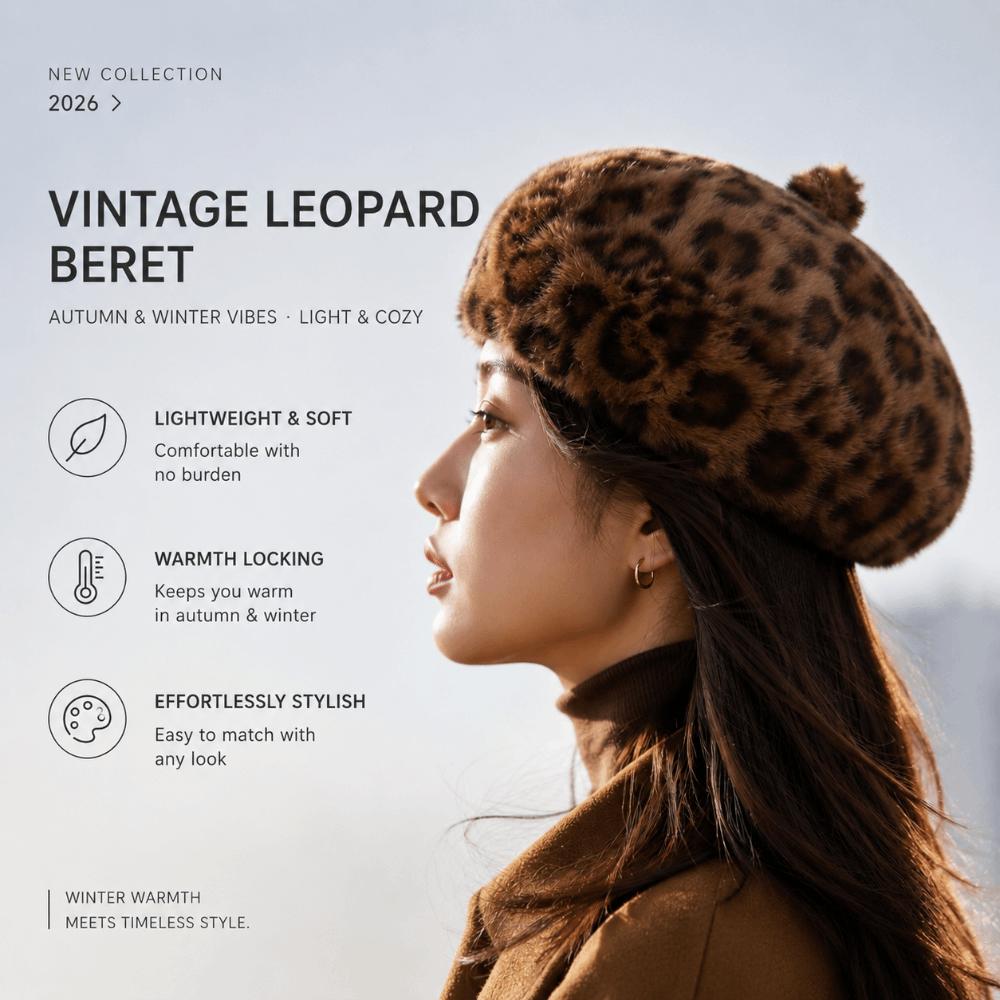 Leopard Print Faux Rabbit Fur Beret Solid Color Fluffy Plush Beret Painter Beret Hat Women Girl