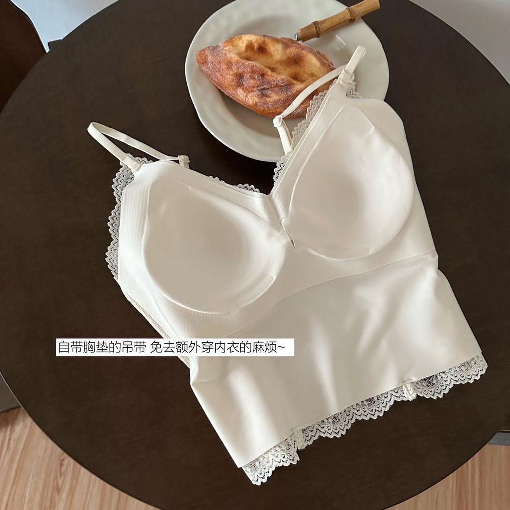 French Pure Lace V-neck Suspender Underwear Sexy Back Integrated Cup Inner and Outer Wear Slim Vest