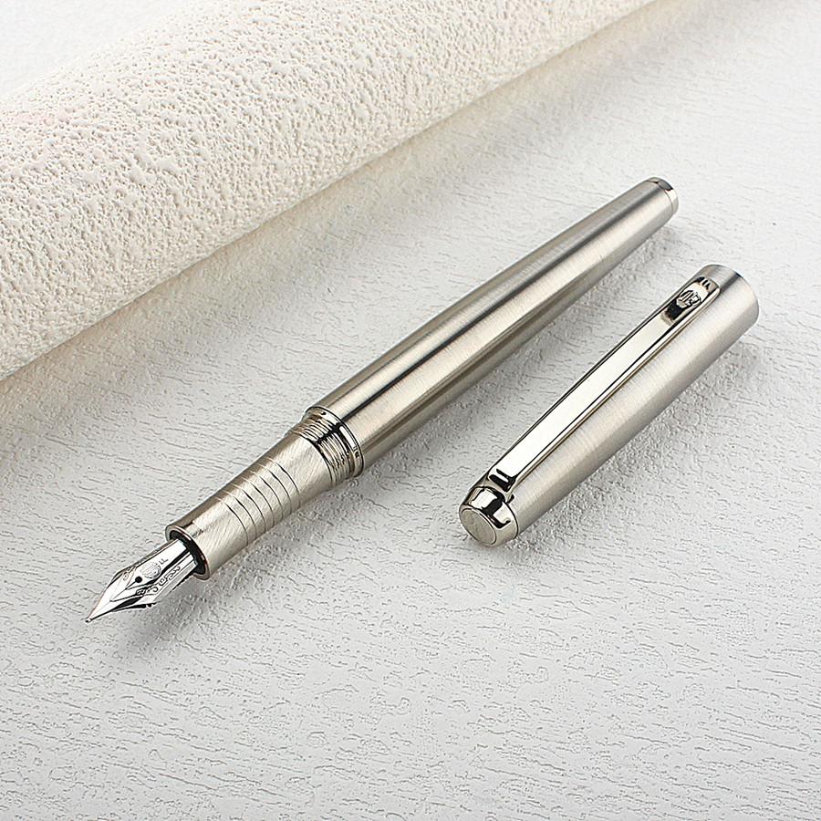 HongDian Metal Stainless Steel Fountain Pen Fine Nib 0.38mm Bright Silver Excellent Writing Gift Ink Pen for Business Office
