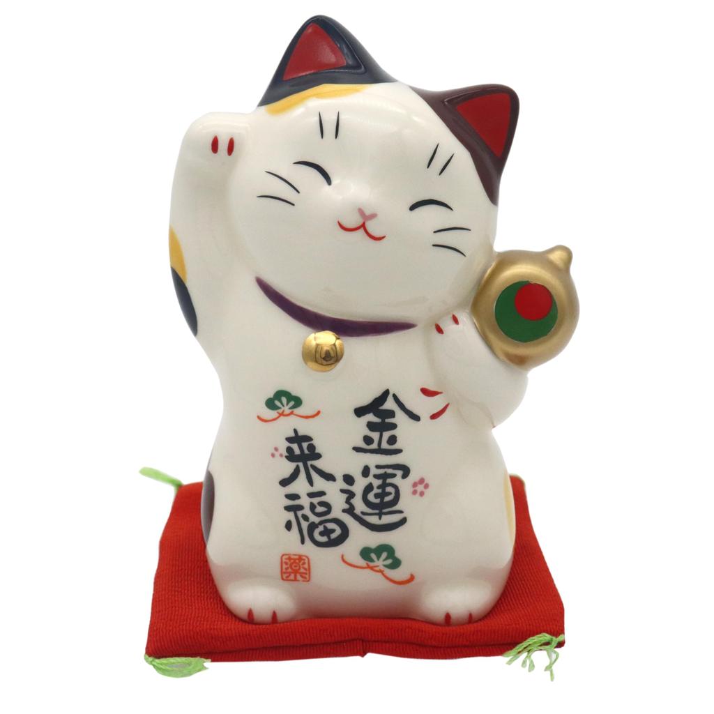 Yakushi Kiln Maneki-neko (Large) 11.5cm Long, Colorful Design, Good Fortune and Wealth (Includes Good Luck Sticker)