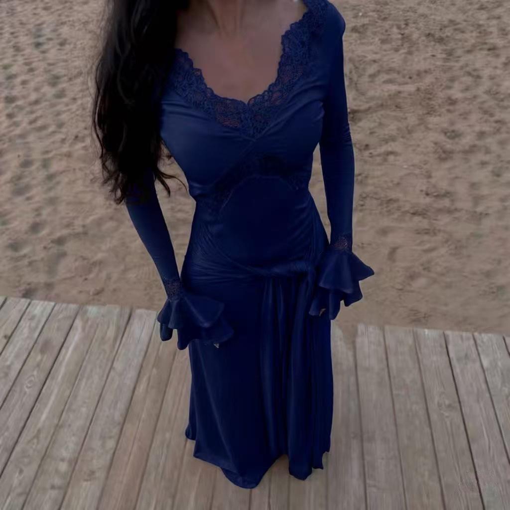 2026 Spring Elegant Slim Fit Women's Long Dress with Sexy Lace Patchwork and European-American Design
