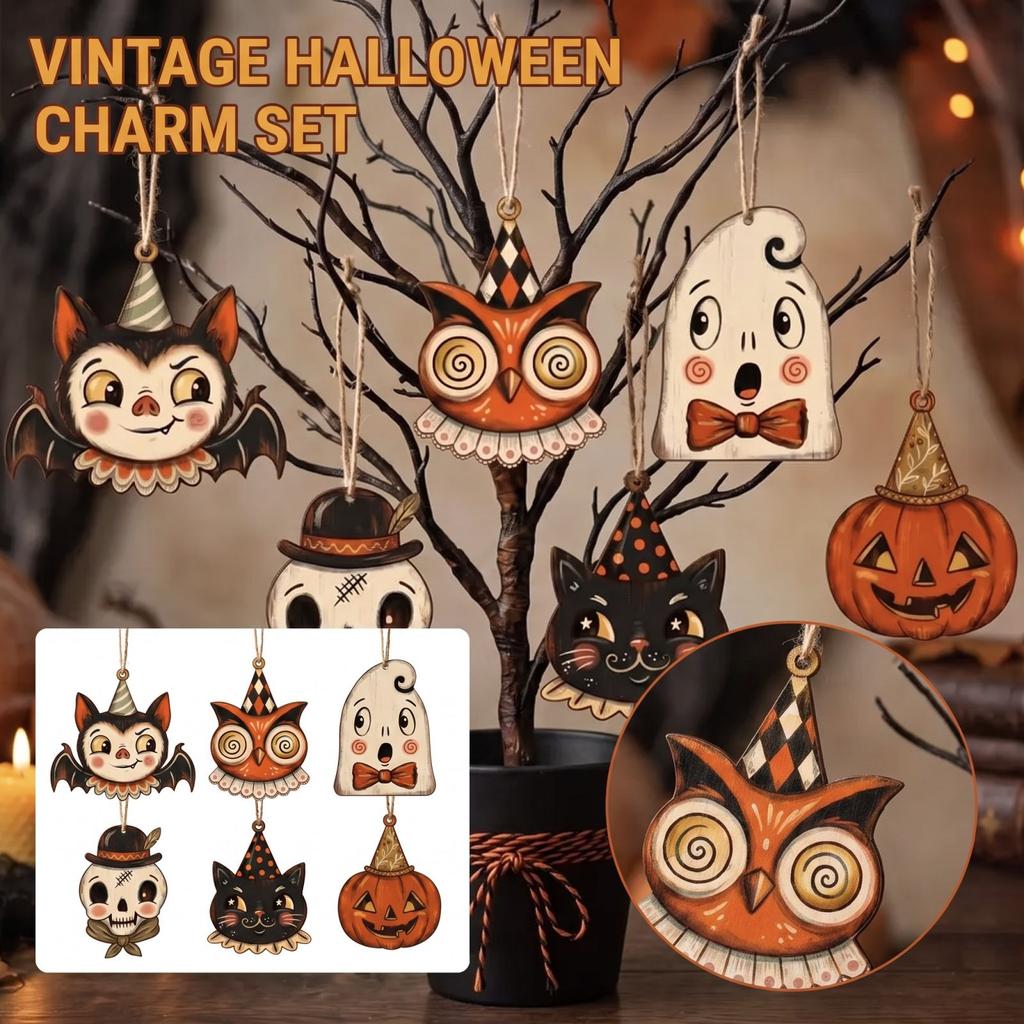 Set of 6 Personalized Halloween Wooden Hanging Ornaments with Vintage and Cute Designs for Home Party Decor