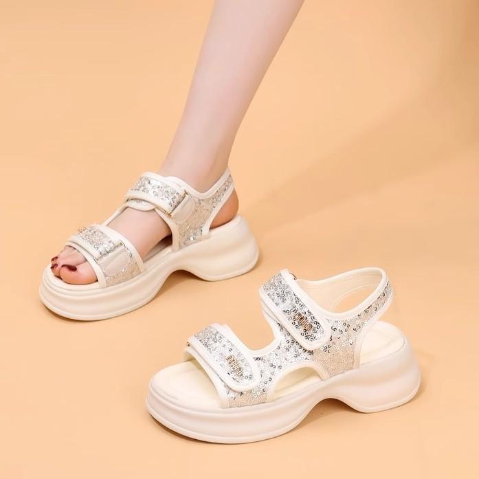 2025 Summer Sports Sandals Women's New Heightening Small Fragrant Wind Velcro Sweet Sequins Casual Platform Beach Shoes