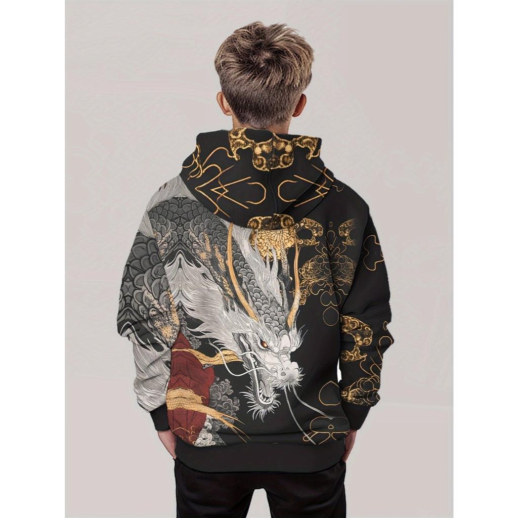 Boy Dragon Pattern Hoodie -3D Digital Printed Warrior Style Black Gold Anime Manga Style, Casual Hoodie, Suitable for Spring and Autumn