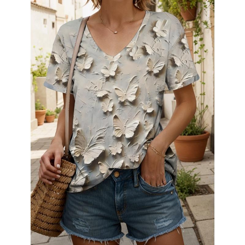 Women's Trendy T-Shirt Plants Graphics Fashion Short Sleeved V-Neck Regular Tops Daily Print Tee 2025  Summer Y2K Casual Tops