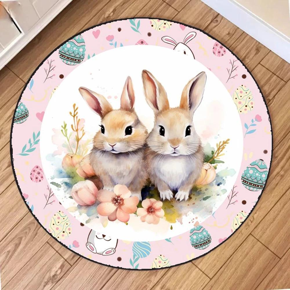 Happy Easter Round Rug with Rabbit Egg Design Stain Resistant Machine Carpet for Living Room Bedroom Laundry Festive Home Decor
