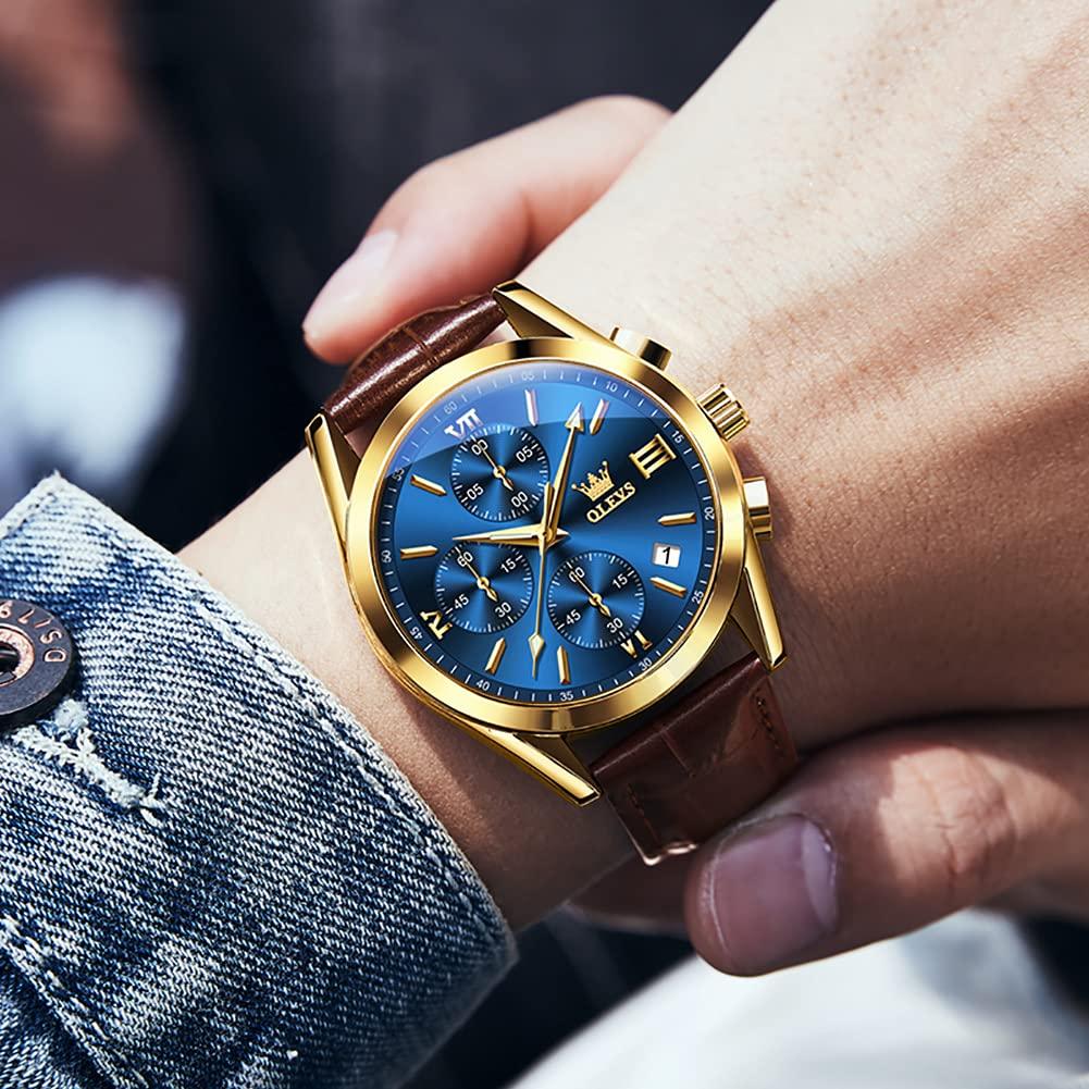 Men's Gold Wristwatch with Leather Strap, Stylish, Business-friendly, Waterproof, Quartz Movement, Analog Display, Arabic Numerals, Simple Gold Dial,