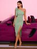 Chic One-Shoulder Slim Fit Evening Gown with Pleated Side Slit