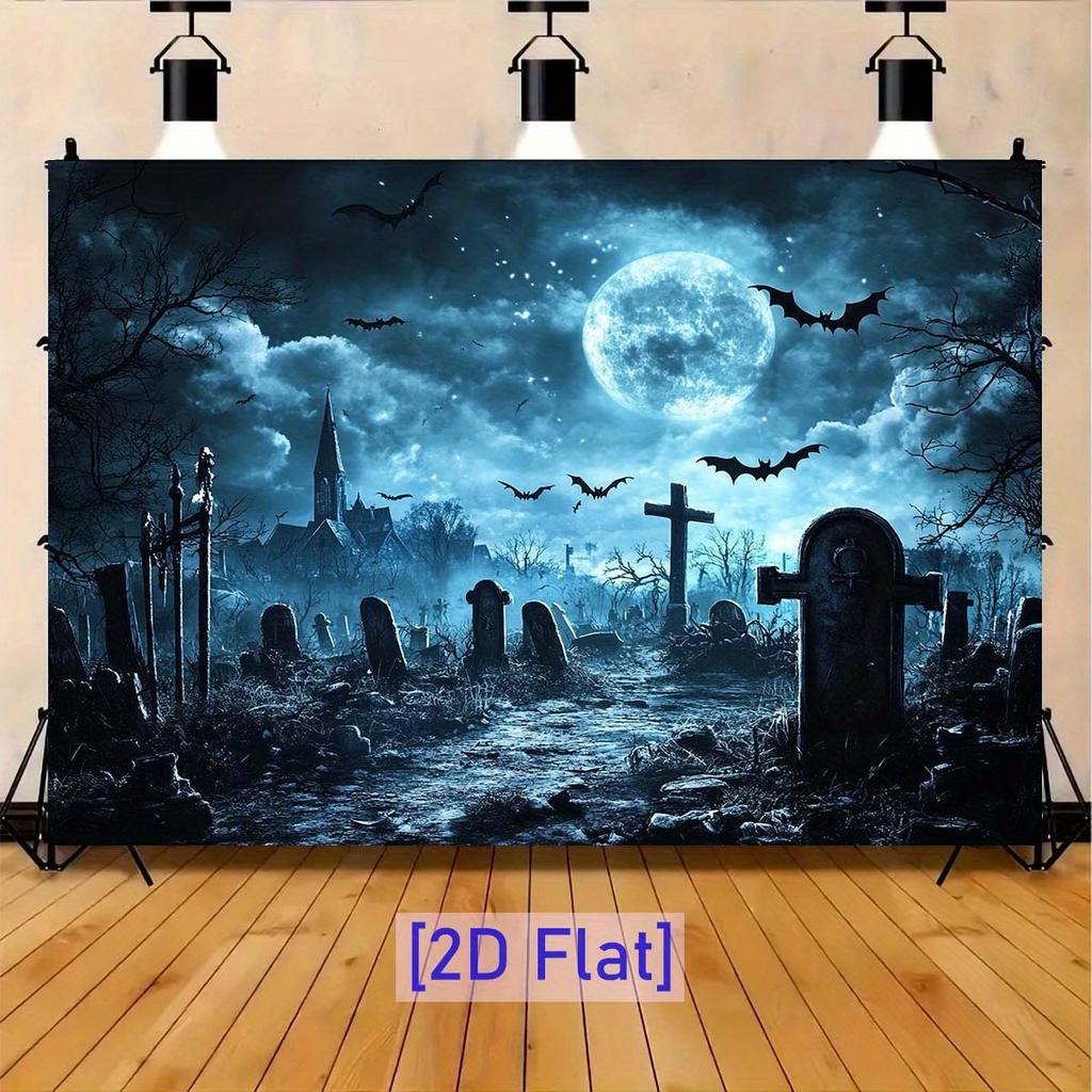 2D flat banner 1PC - Gothic Cemetery Background featuring a full moon bats and tombstones