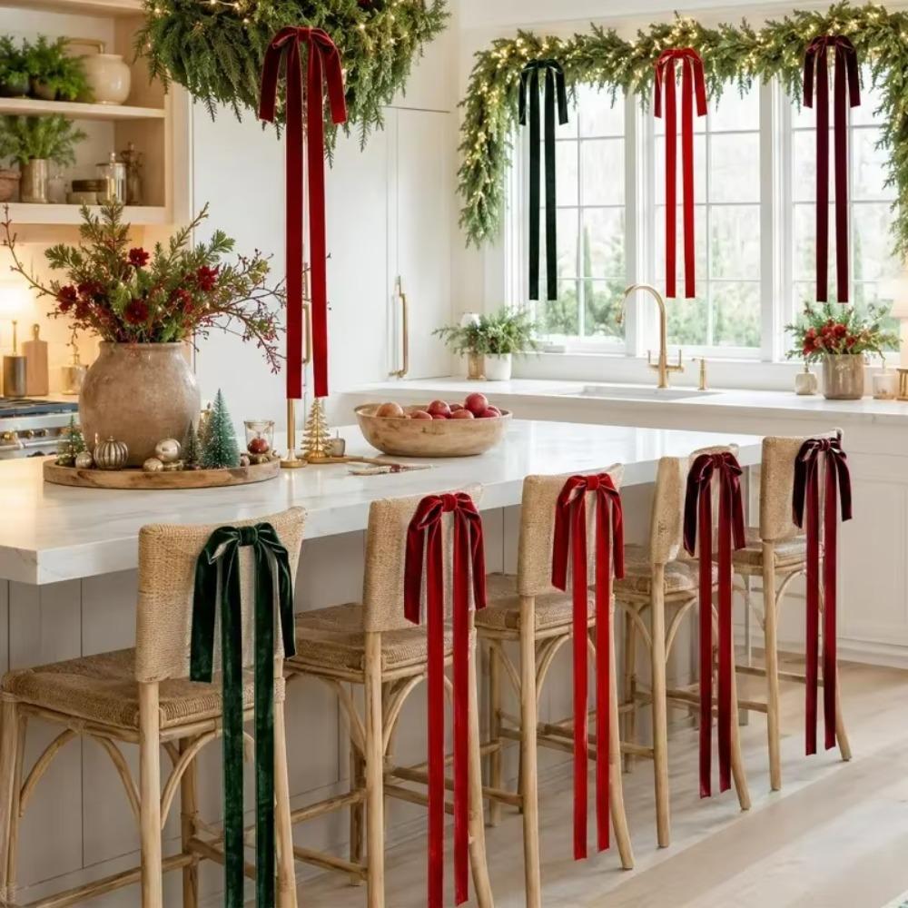 6pcs Velvet Christmas Ribbon Bow Large Size Long Ribbon Christmas Wreath Bowknot Vintage Gift Decorative Bow Holiday Party