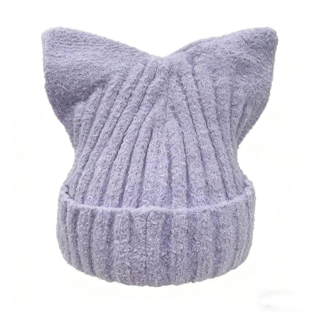 Women's Korean Fashion Cat Ear Wool Hat – Large Head Circumference, Knitted for Warmth, Shows Smaller Face, Perfect for Autumn & Winter
