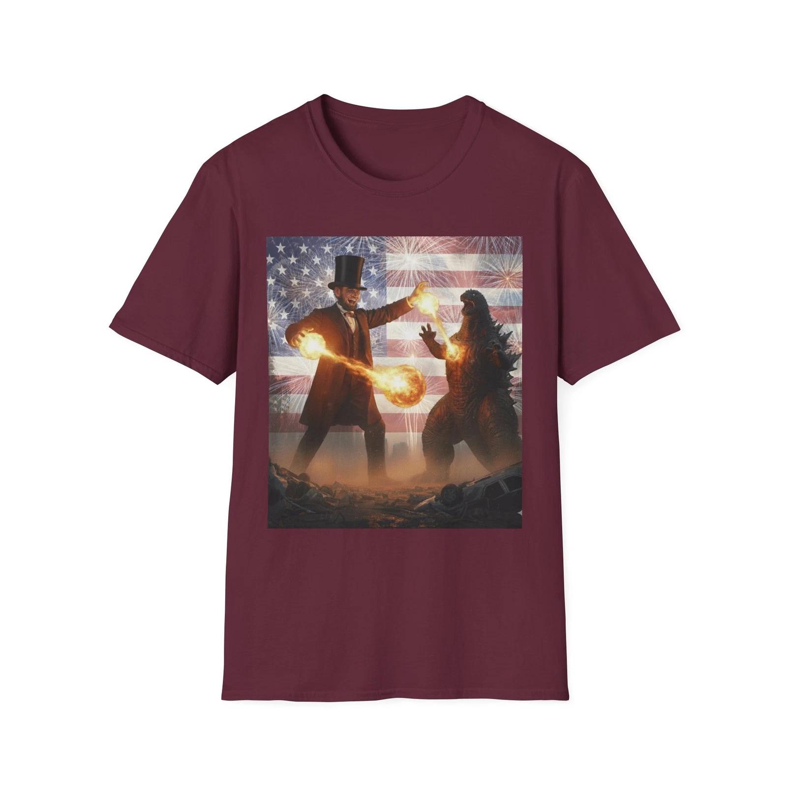 

Abraham Lincoln Humbles Godzilla Funny Patriotic Graphic Tee - Great Unique Gift M