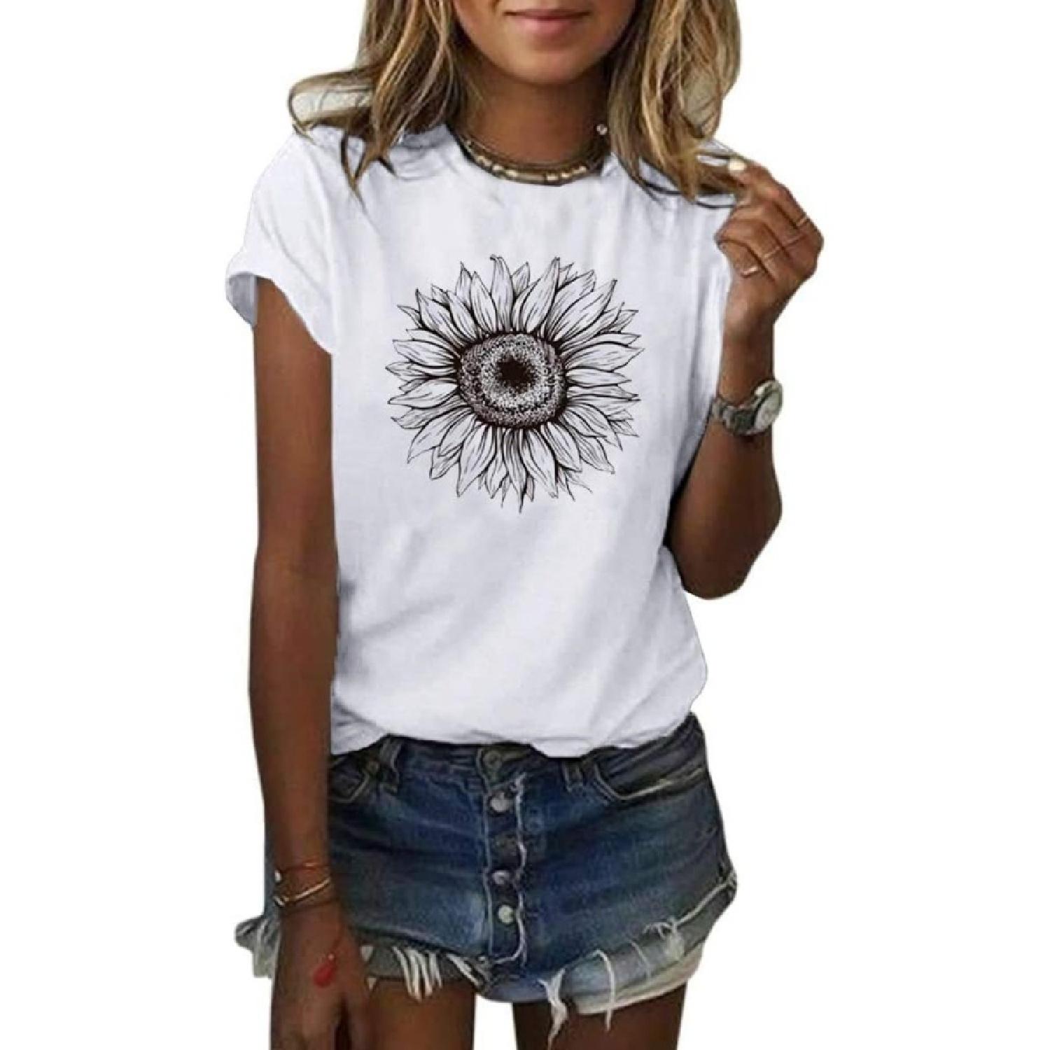 Cicy Bell Women s T Shirts Short Sleeve Tees Sunflower Graphic Loose Summer Tops S