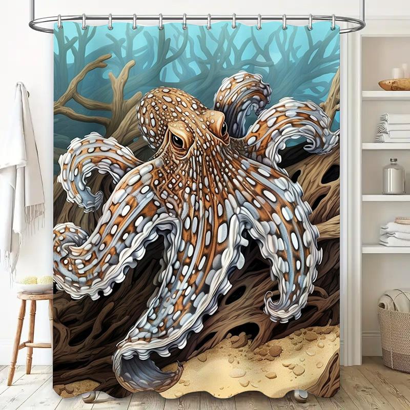 Underwater WorldGiant Octopus Shower Curtain Decoration 3D Printed Fabric Bathroom Liner for Home Decor (Blue Ocean Background)