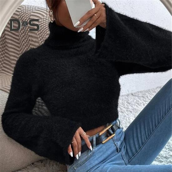 Kurzer Pullover für Damen, hoher Kragen, ausgestellt, lange Ärmel, einfarbig, schmale Passform, lässige Oberteile, freiliegender Nabel, Strickmode