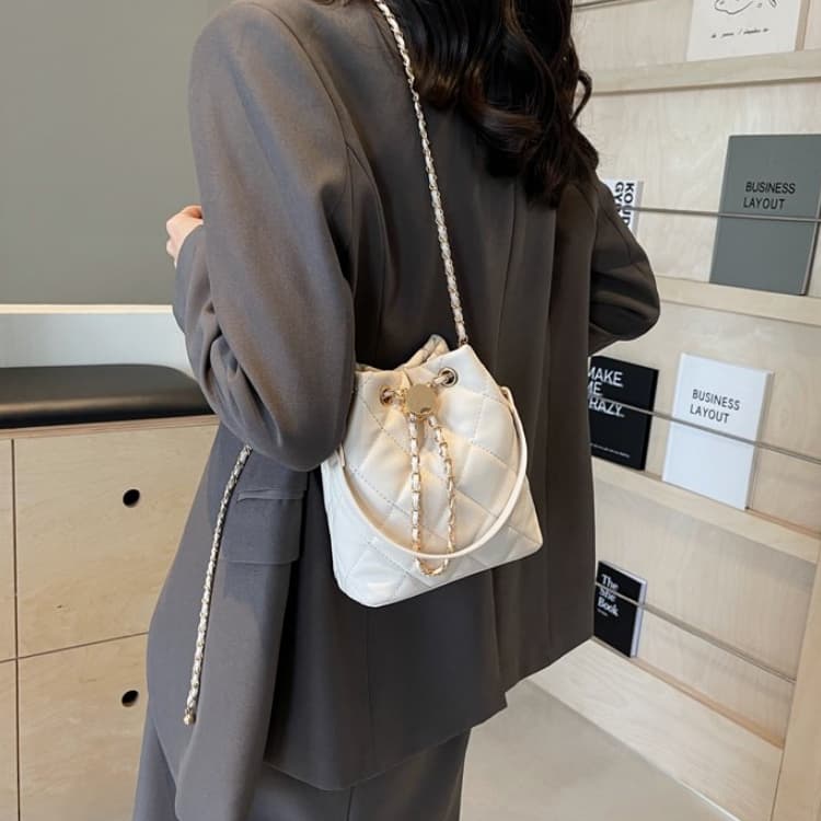 Rhombus Drawstring Through Leather Gold Chain Mini Bucket Bag