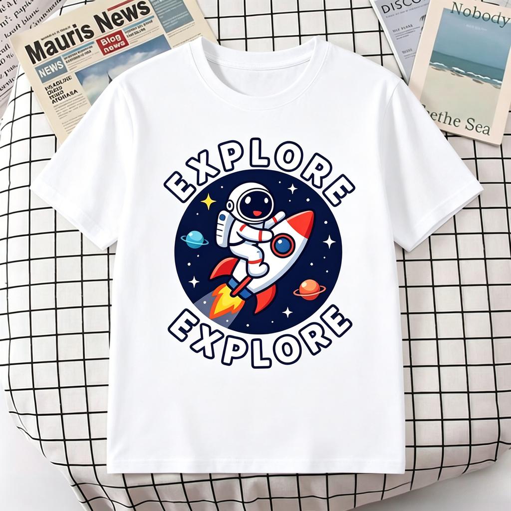 Unisex 100 Cotton TShirt Explore Cute Astronaut Ride Rocket Planet Star Space Print Oversize Casual Short Sleeve Tee