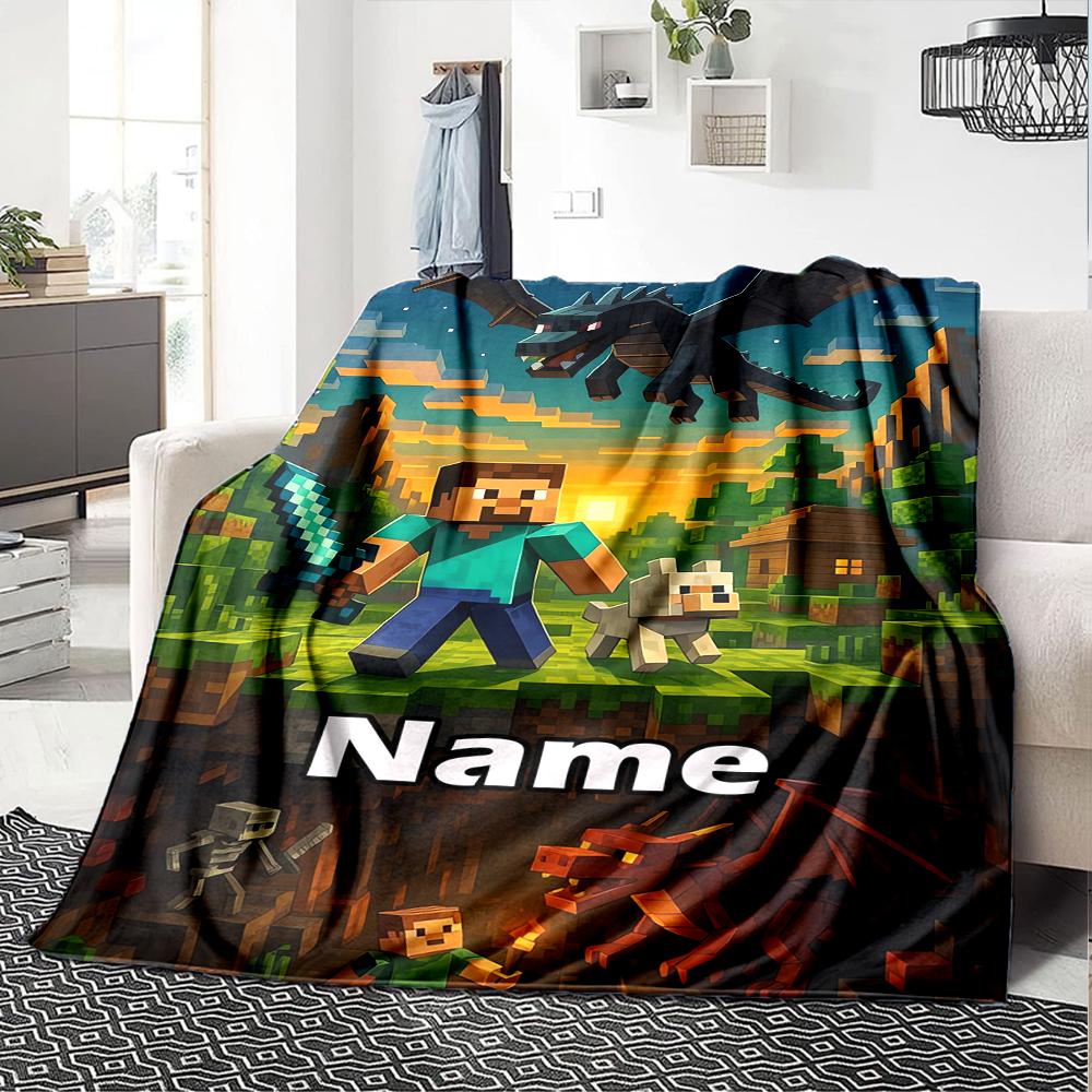 Custom Name Minecraft Theme Printed Blanket - Perfect for Couch, Bed, Travel & Outdoor Use | Machine Washable, Cozy & Durable.