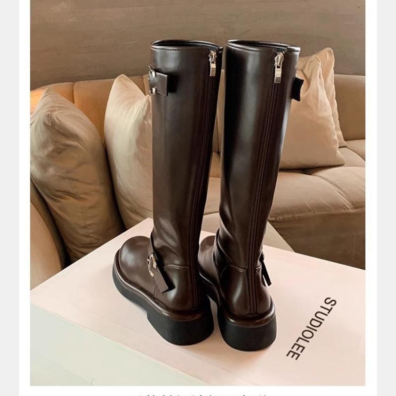 Cowhide~ Leather Boots Women's Small Brown Boots Autumn and Winter Boots Skinny Tall Boots Thick-soled Knight Boots