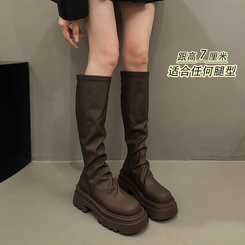 Boots Women's Autumn and Winter Boots 2025 New Popular Black Thick-soled Tall Skinny Boots Women's Boots Stacking Boots