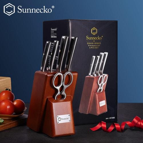 Sunnecko 6-Piece Damascus 67-Layer Knife Set with Knife Stand, Chef's Knife, Santoku Knife, Nakiri Knife, Peeling Knife, and Kitchen Scissors, Double-