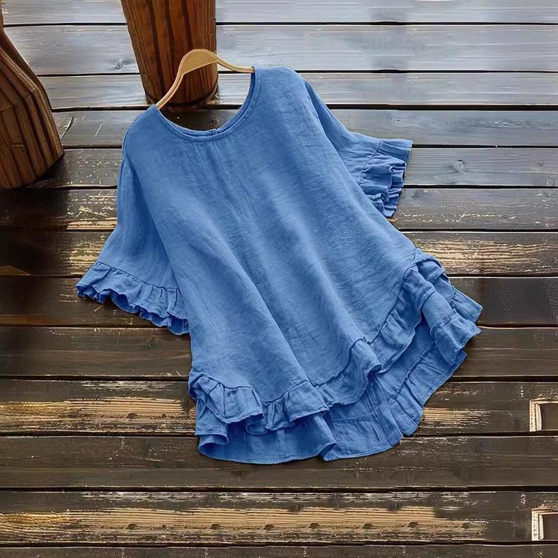 Women's Cotton and Linen Solid Color Shirt Loose Ruffled Cuffs Short-sleeved Button Top