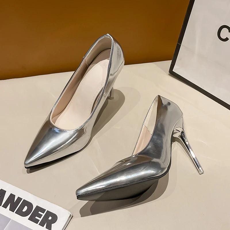 Women Patent Leather Pumps 9cm High Heels Lady Stiletto Low Heels Wedding Bridal Mteallic Silver Sparkly Shoes ladies pumps