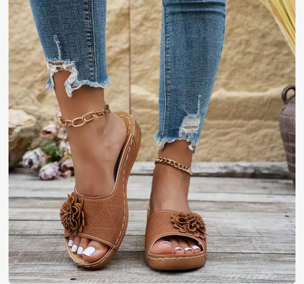 South East Asia Foreign Trade Large Size Thick Bottom Hollow One-word Slippers Women's Open-toed Flower Slope Heel Beach Cool Slippers