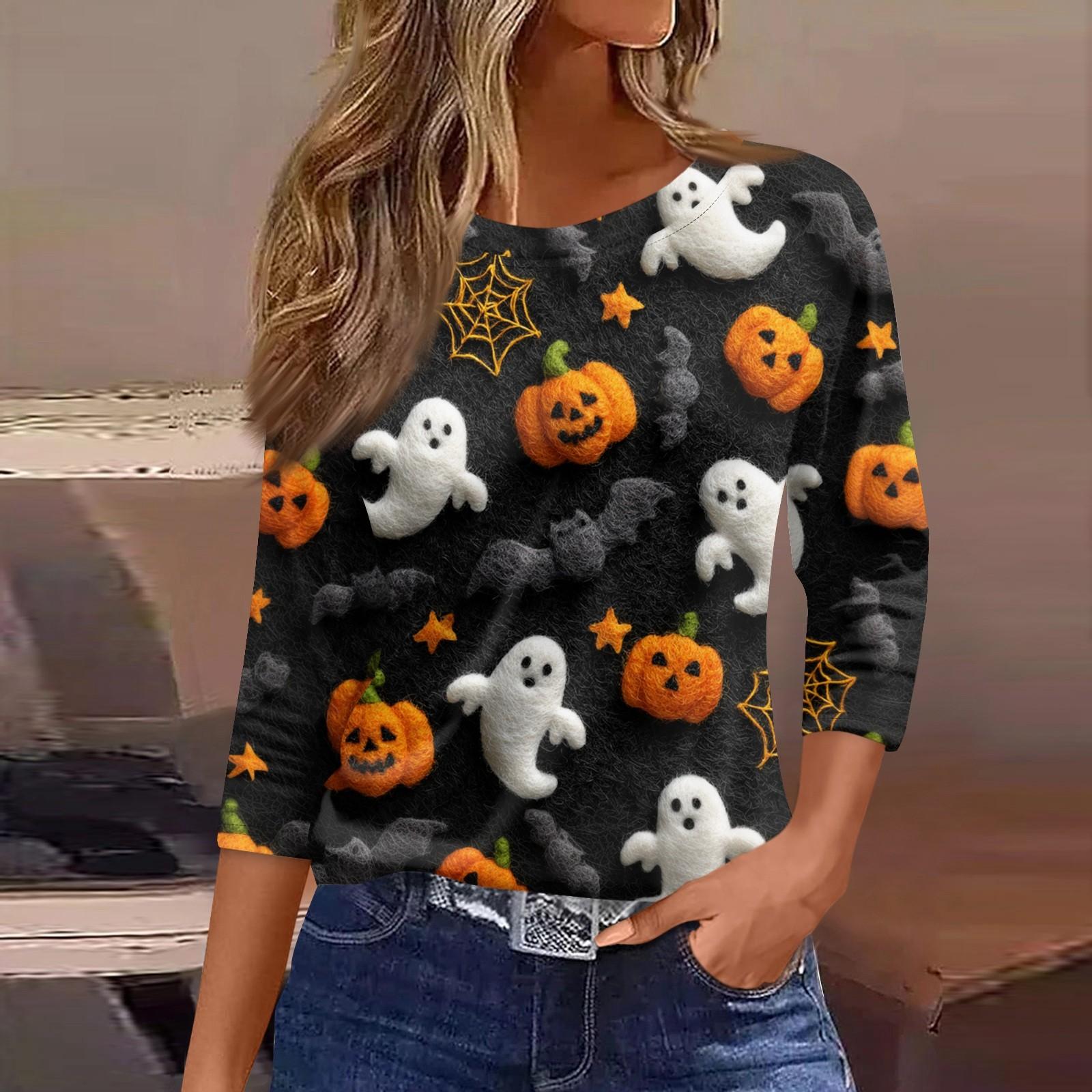 

Женская модная повседневная футболка с рукавом три четверти и принтом на Хэллоуин, с круглым вырезом XXXL