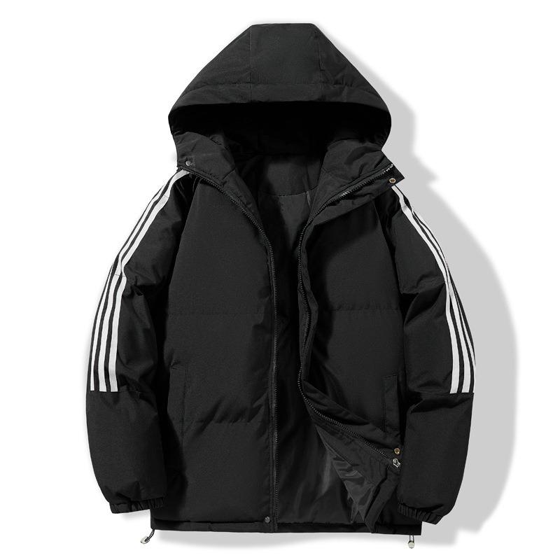 New couple three-bar padded jacket thickened hooded padded jacket sports casual jacket youth popular solid color padded jacket