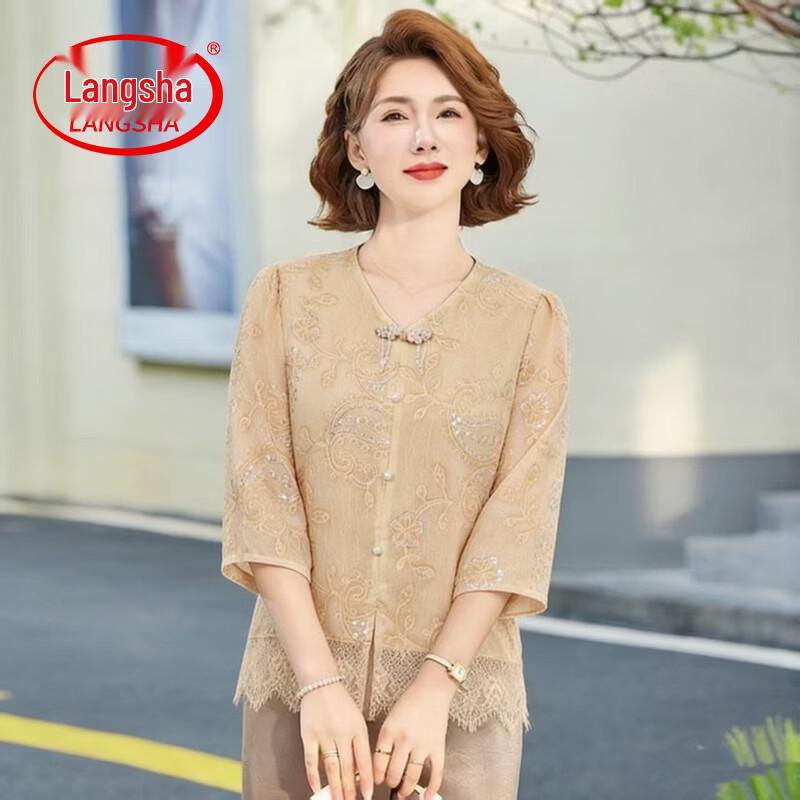 LangSha Women s New Chinese Style Lace Summer Blouse 4XL