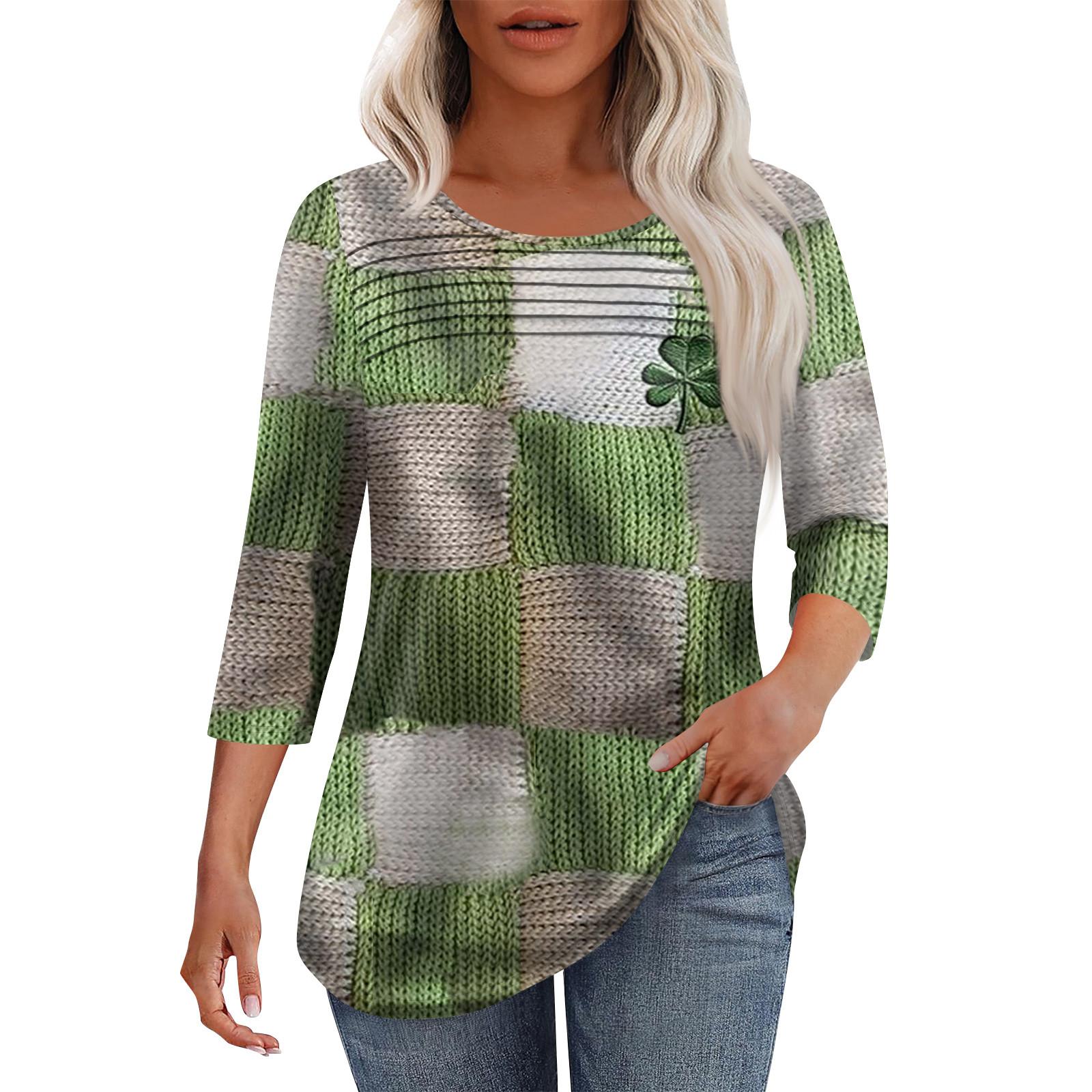 

Женская мода круглый вырез горловины плиссированная передняя планка топ рукав 3/4 S зелёный