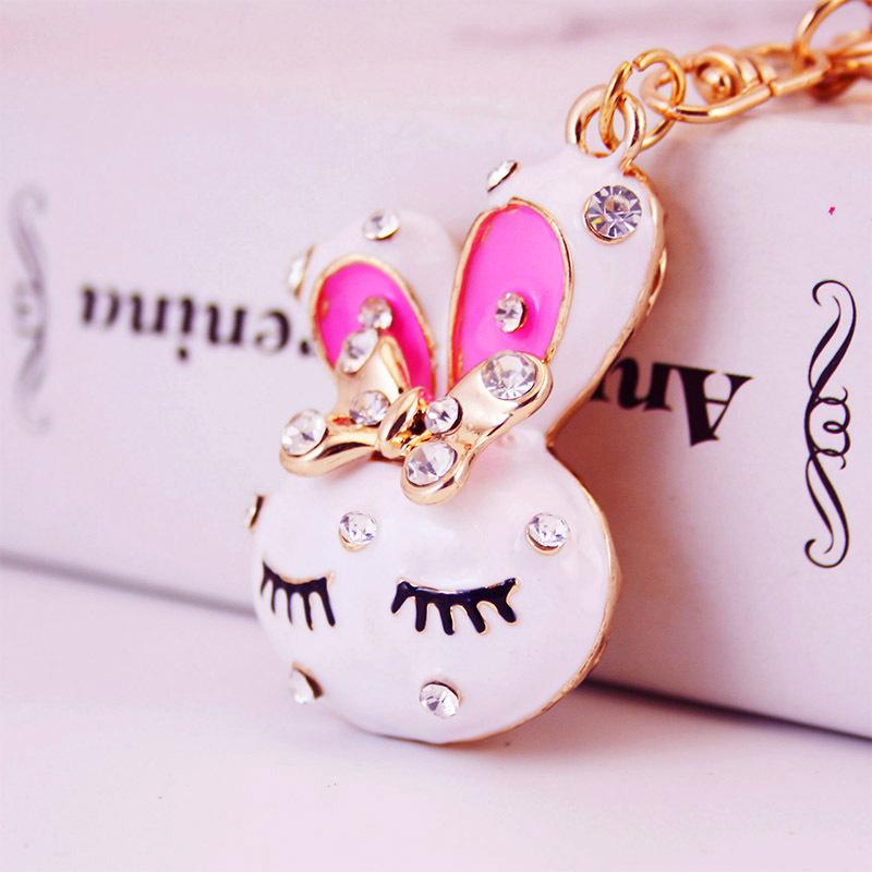 Cute Rhinestone Rabbit Head Metal Keychain Cartoon Car Key Ring Bag Charm Accessory for Women