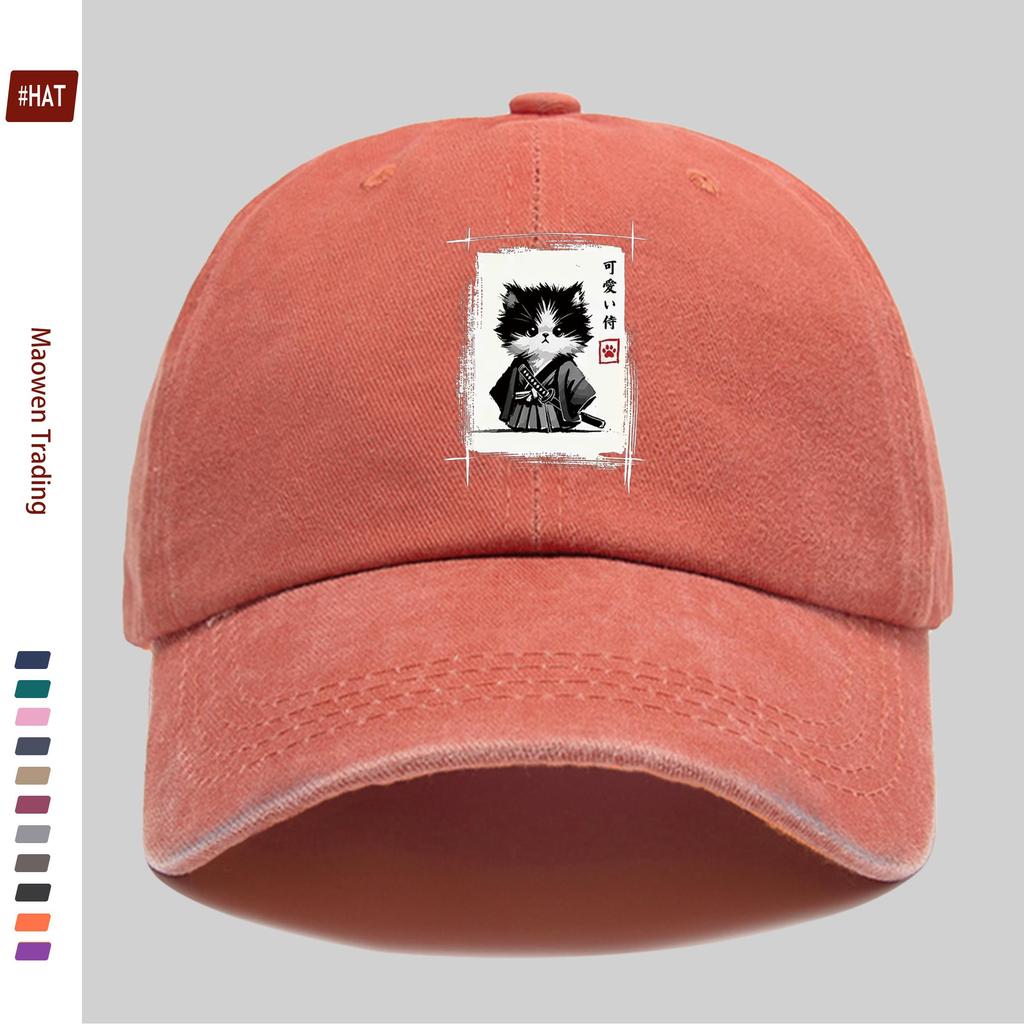 Pc Samurai Cat Japanese Art Ink Wash Painting Novelty Cute Funny Cat Print Baseball Cap with Adorable Cat Pattern Design Sun Ha