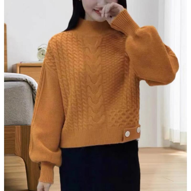 High-texture Semi-turtleneck Sweater Women's Pullover, Thick Autumn and Winter Retro Loose and Thin Long-sleeved Knitted Sweater